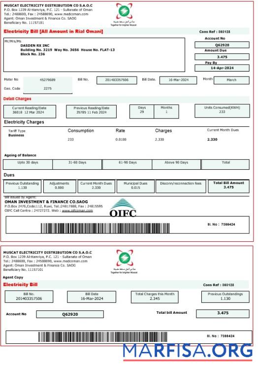Blank OMAN MUSCAT ELECTRICITY business utility bill Word and PDF template